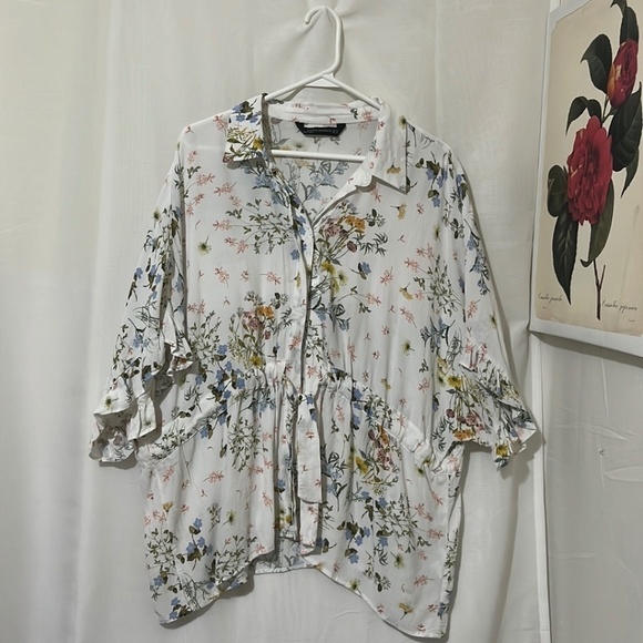 Zara XXL White Floral Shirt with Draw String Waist - Picture 1 of 5
